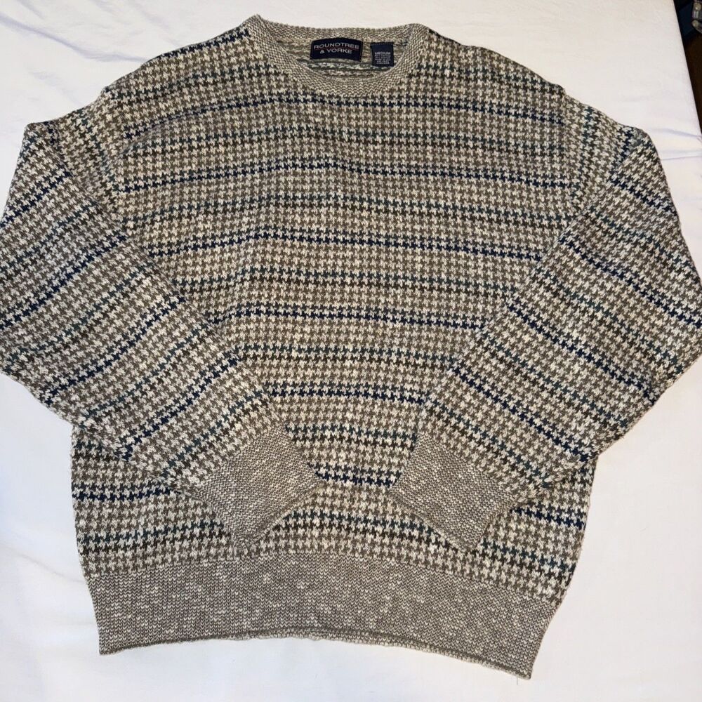 VTG Roundtree & Yorke Sweater Mens Med Houndstooth Grandpa Style Cotton
